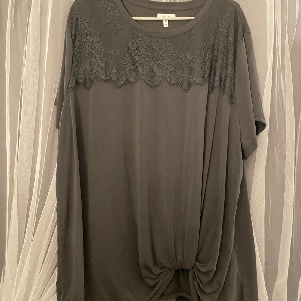 Maurices Charcoal Lace Accent Short Sleeve Top